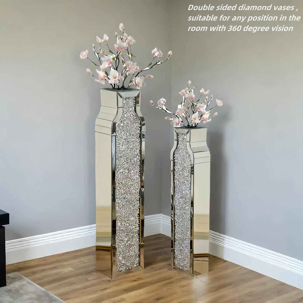 30" Tall Floor Vase, Double Sided Crushed Diamond Mirrored Vases,Large Flower Vase for Home Decor, Mirror Glass Decorative for Living Room,Office,Centerpiece (Crushed Diamond:4.7''L X 6.8''W X 30''H)
