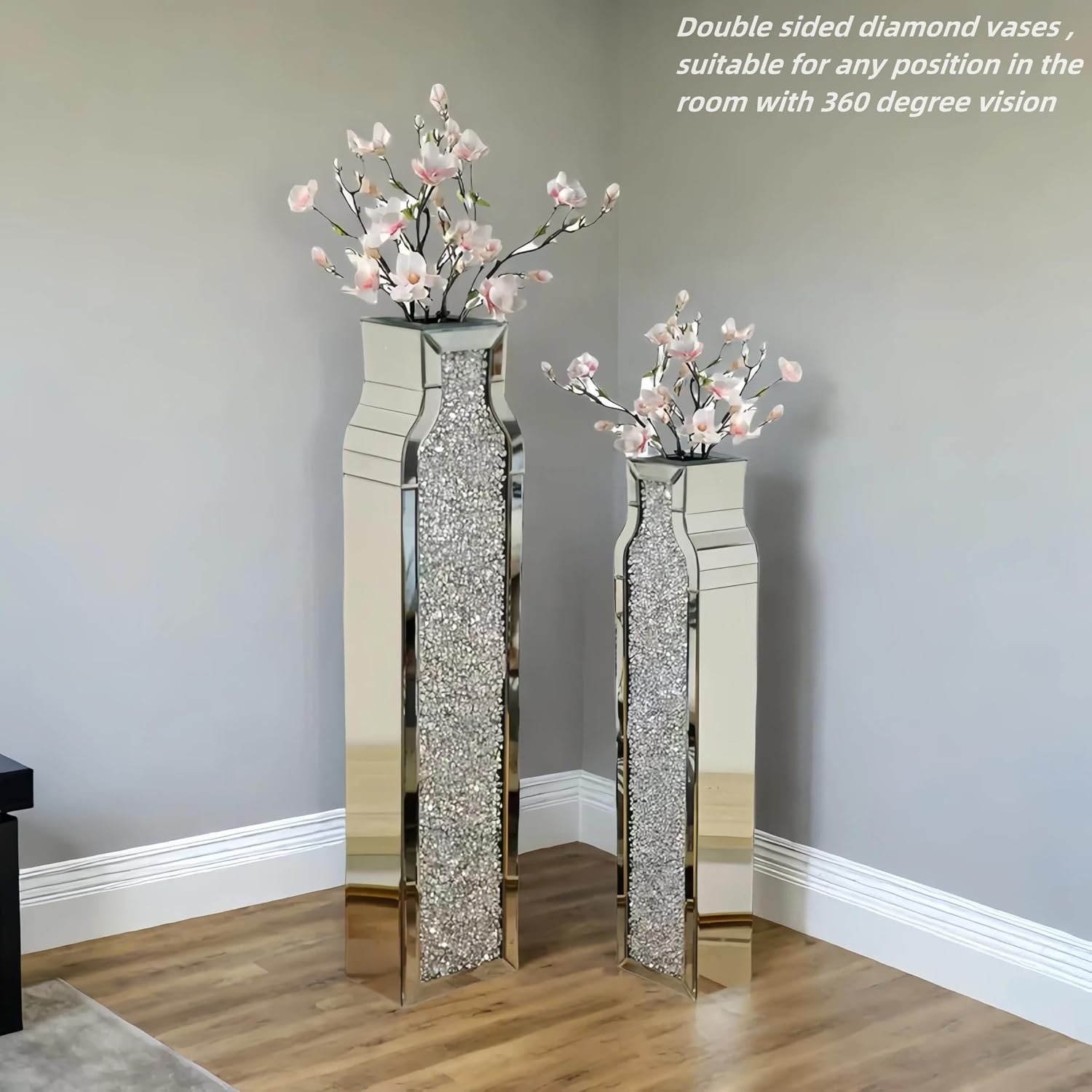 30" Tall Floor Vase, Double Sided Crushed Diamond Mirrored Vases,Large Flower Vase for Home Decor, Mirror Glass Decorative for Living Room,Office,Centerpiece (Crushed Diamond:4.7''L X 6.8''W X 30''H)