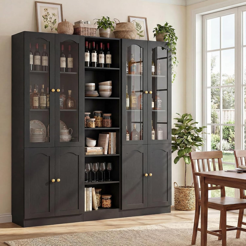 Cyclysio 80" Tall Pantry Cabinet Set of 3, Large Kitchen Storage Cabinet with Arched Glass Doors and Open Shelves, Black Kitchen Pantry with 3.15" Baseboard Cutout for Living Room, Dining Room
