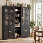 Cyclysio 80" Tall Pantry Cabinet Set of 3, Large Kitchen Storage Cabinet with Arched Glass Doors and Open Shelves, Black Kitchen Pantry with 3.15" Baseboard Cutout for Living Room, Dining Room