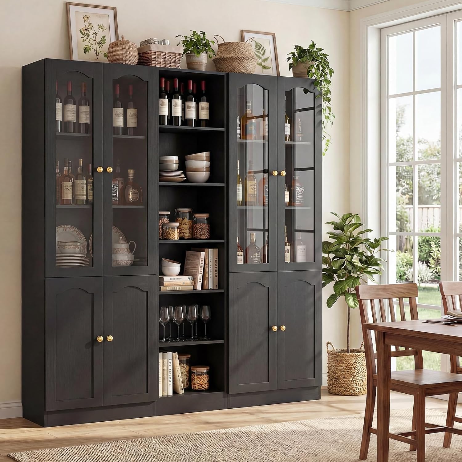 Cyclysio 80" Tall Pantry Cabinet Set of 3, Large Kitchen Storage Cabinet with Arched Glass Doors and Open Shelves, Black Kitchen Pantry with 3.15" Baseboard Cutout for Living Room, Dining Room