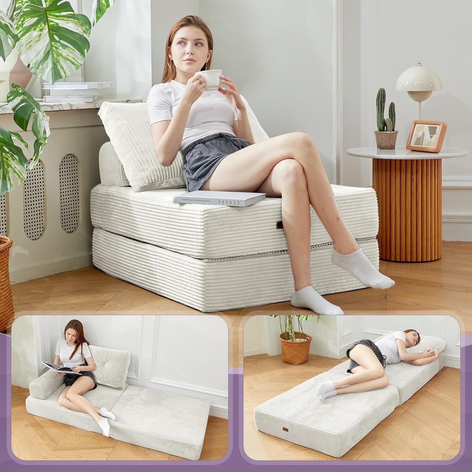 Folding Sofa Bed Chair, Sleeper Chair for Adults with High-Density Foam and Pillow,Portable 3 in 1Folding Chair Bed for Living Room、Apartment 、Hotel,Single, Creamy Apricot