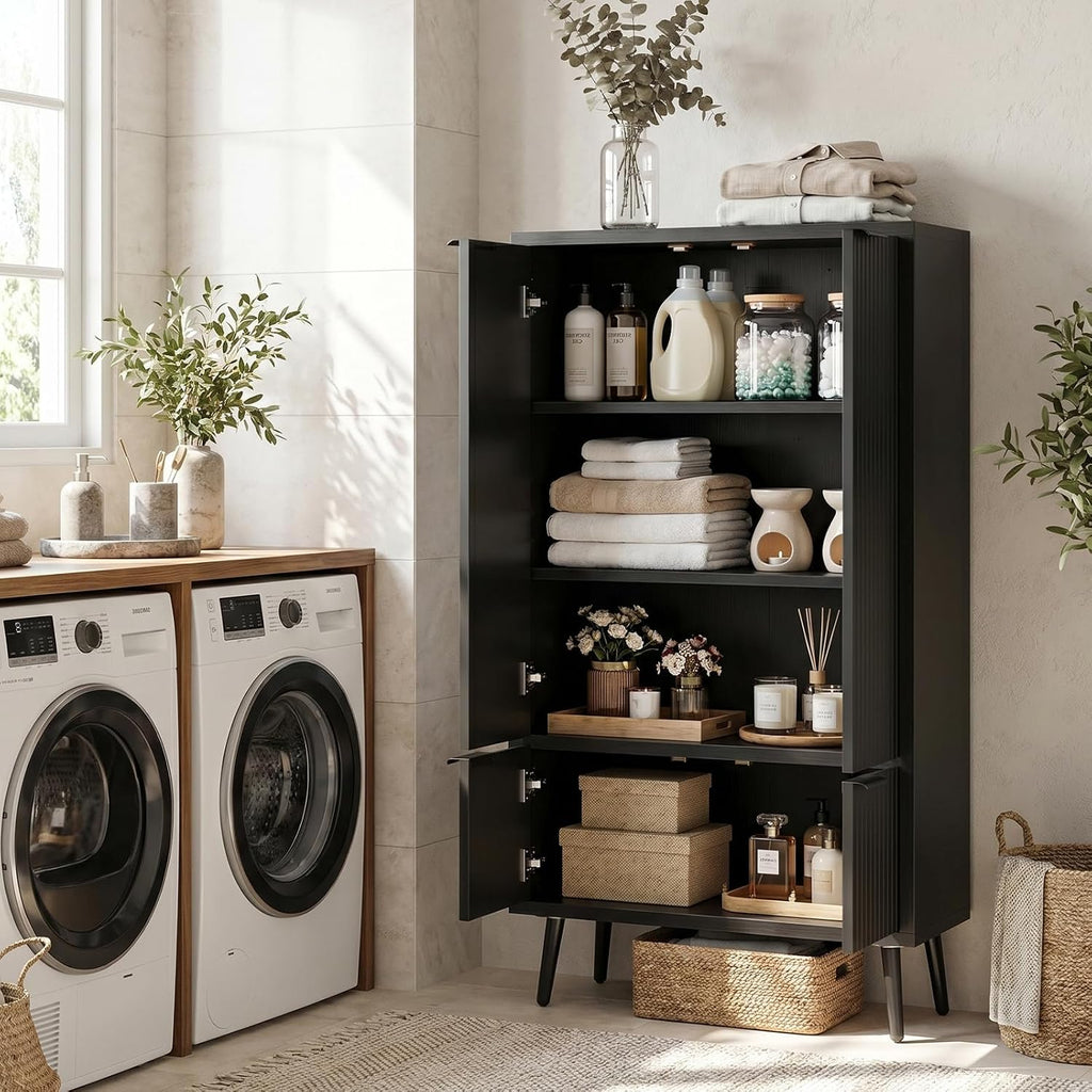 Pantry Cabinet with 4 Doors, 51.2" H Freestanding Bathroom Storage Cabinet, Adjustable Shelf & Raised Legs for Bathroom, Kitchen, Living Room, Black