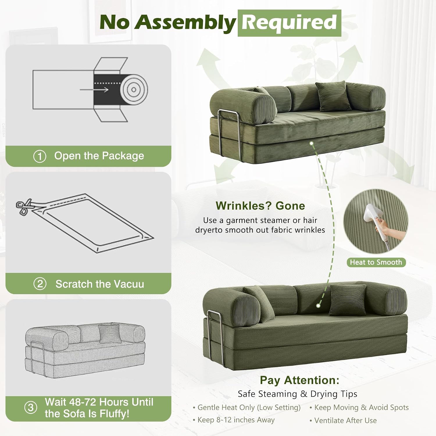 Sofa Bed, 79" Convertible Sleeper Sofa with Pull Out Bed, 5-in-1 Folding Corduroy Futon Couch, Modular Loveseat Sofa Bed for Living Room, Bedroom & Apartment, Green