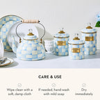 MACKENZIE-CHILDS Enamel Canister, Kitchen Storage Container with Lid, Medium, 48-Ounce Capacity, Light-Blue-and-White Sky Check