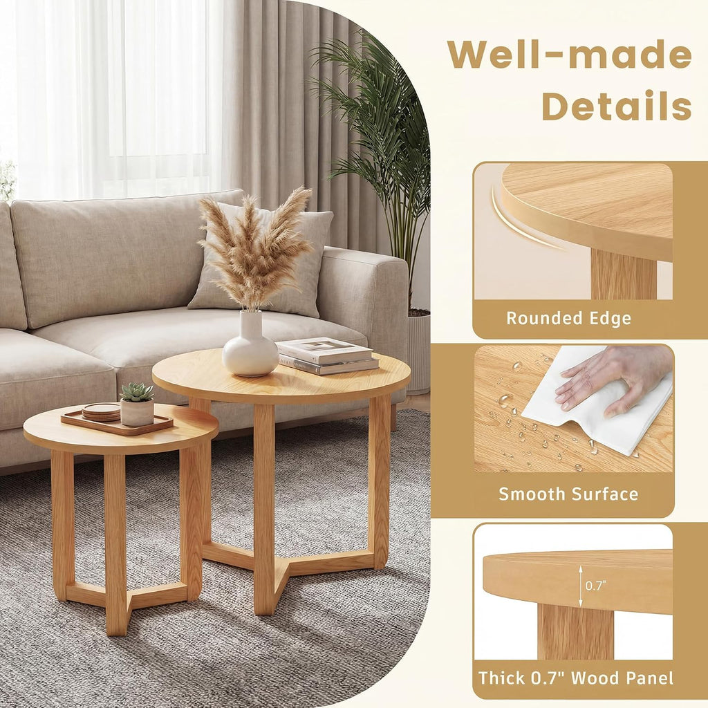 Tangkula Round Nesting Coffee Table Set of 2, Farmhouse End Tables with Solid Rubber Wood Tripod Legs, Compact Sofa Side Tables for Living Room Bedroom Small Spaces (Natural)