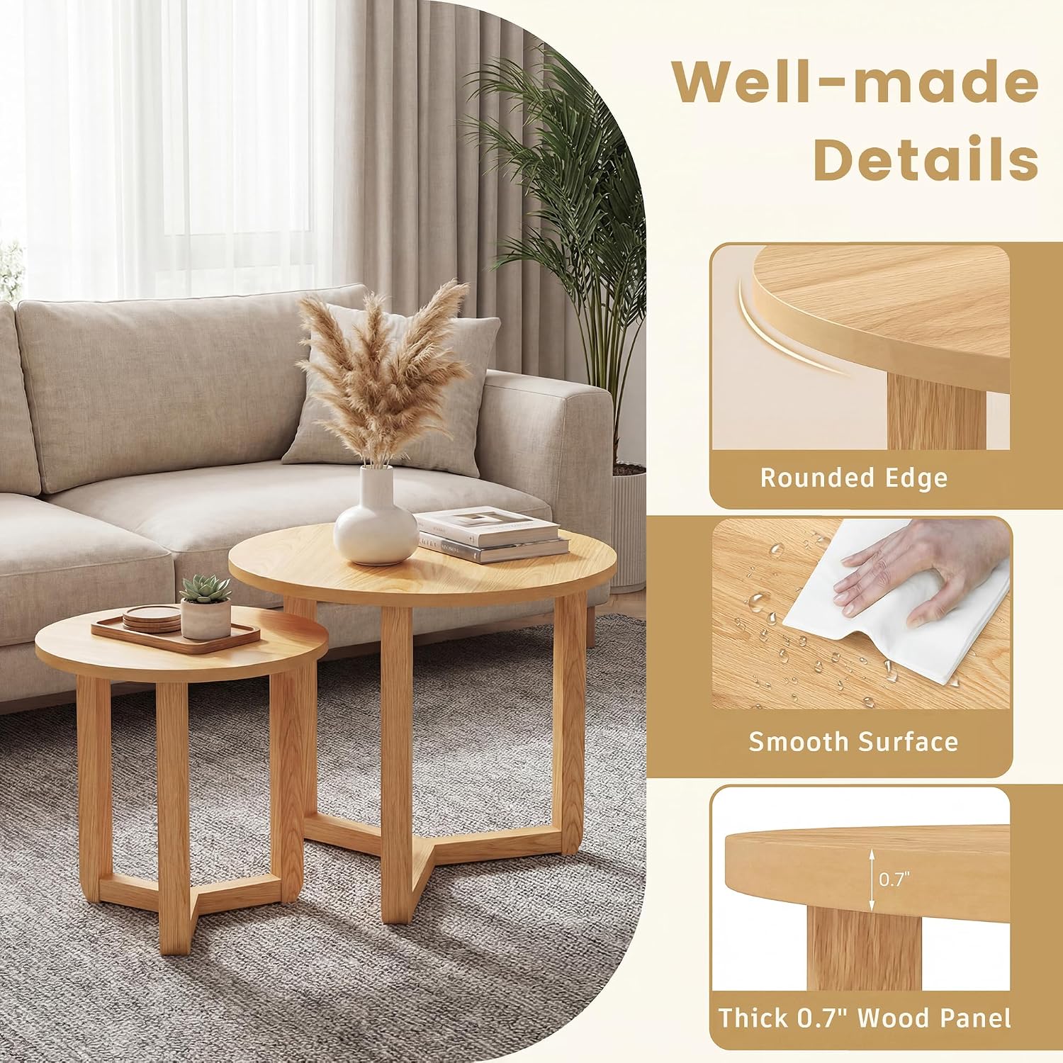 Tangkula Round Nesting Coffee Table Set of 2, Farmhouse End Tables with Solid Rubber Wood Tripod Legs, Compact Sofa Side Tables for Living Room Bedroom Small Spaces (Natural)