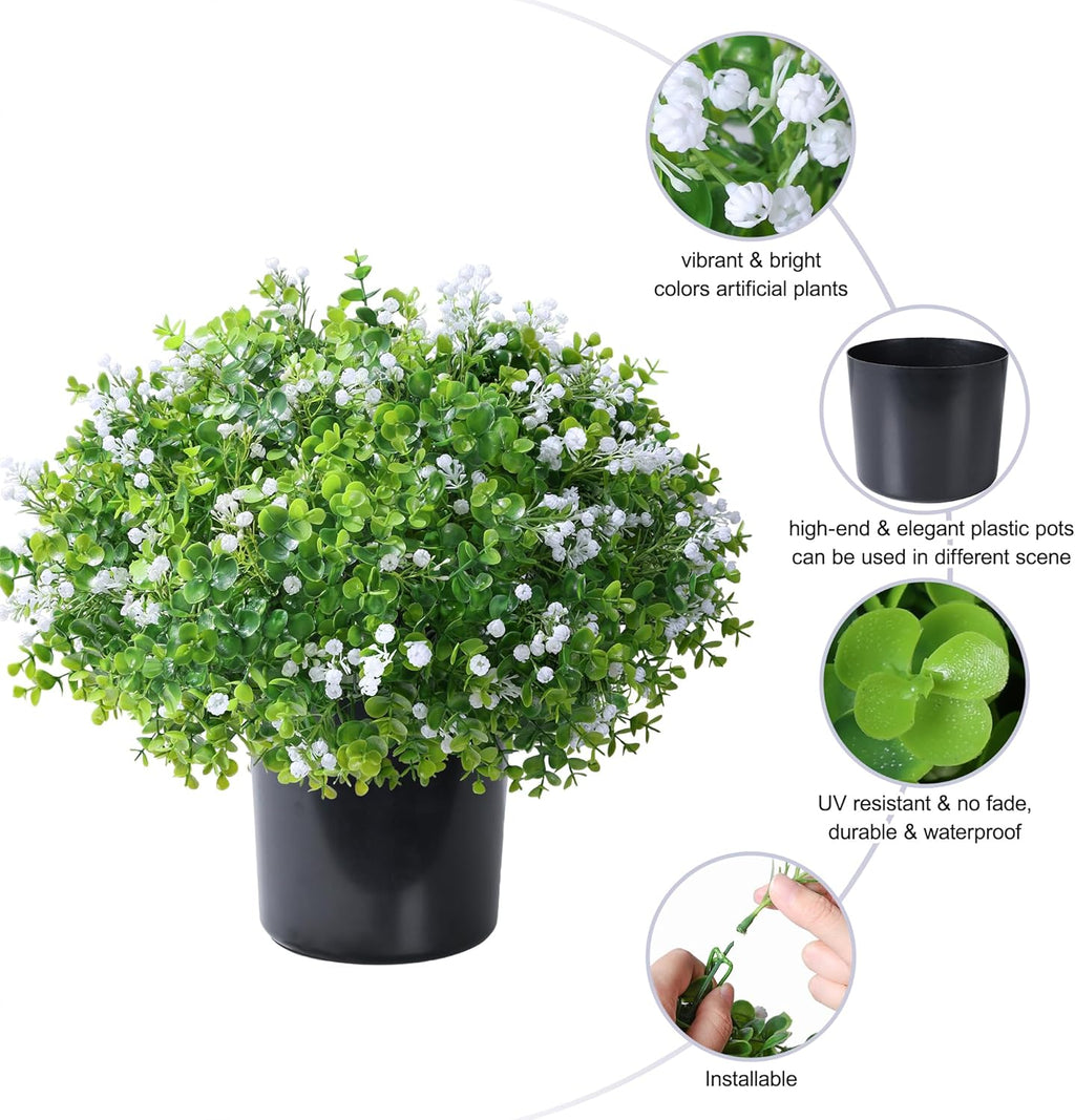 Fake Plants Artificial Flowers for Outdoors Decor, 2 Pack Fake Potted Plants Baby Breath With Green Eucalyptus Look Real UV Resistant Artificial Greenery with Pot for Outside Porch Garden Patio Yard