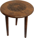 TUP THE URBAN PORT AMA 22 Inch Side End Table, Round Top, Indian Mandala Floral Carving, 3 Legs, Brown Mango Wood