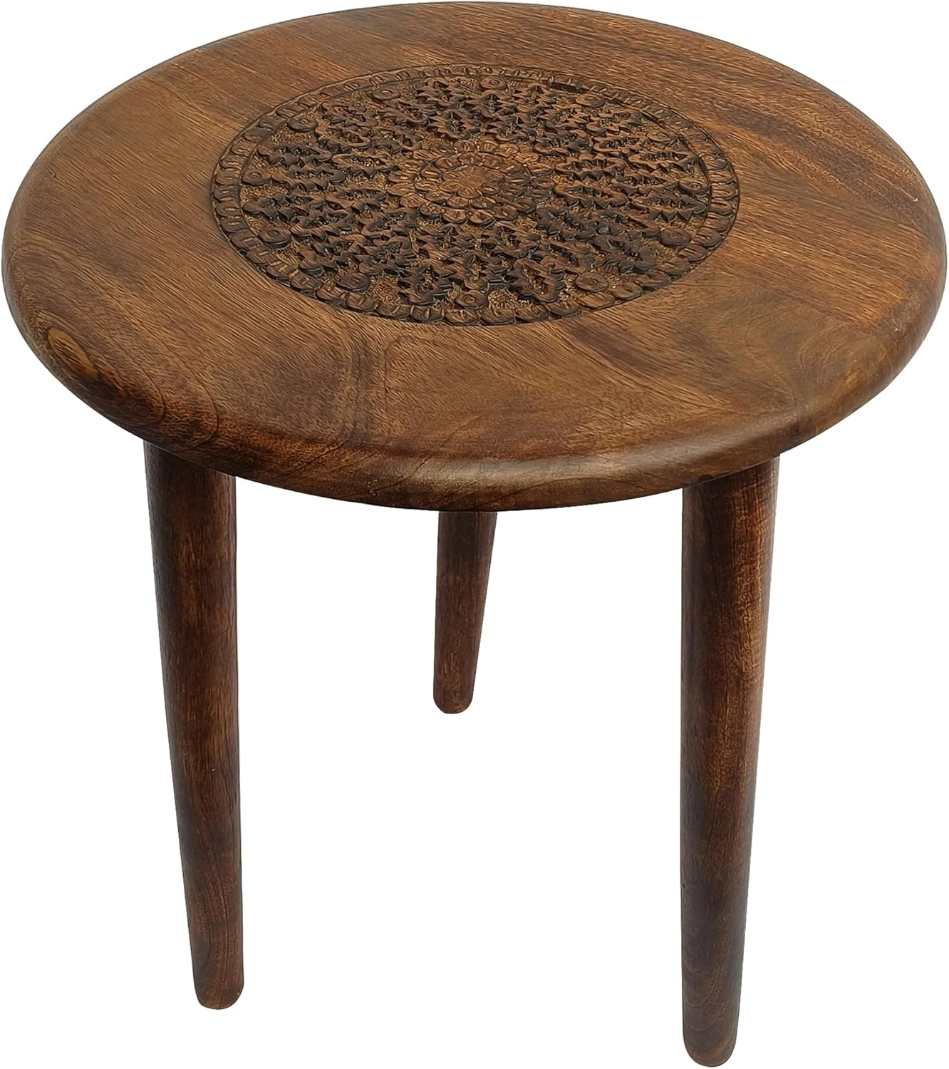 TUP THE URBAN PORT AMA 22 Inch Side End Table, Round Top, Indian Mandala Floral Carving, 3 Legs, Brown Mango Wood