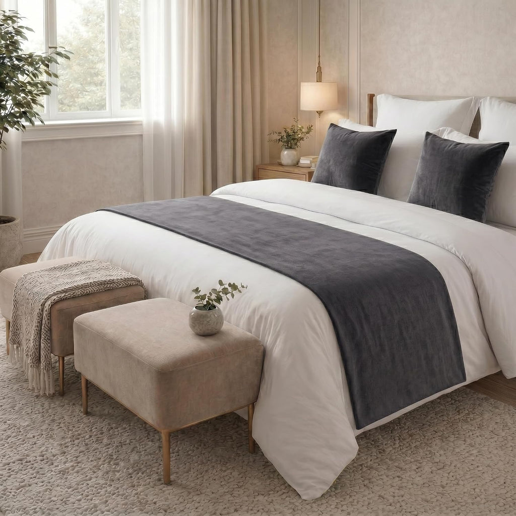 Solid Bed Runner with 2 Matching Pillow Covers,Decorative Bed Scarf for Foot of Bed,Bedroom Hotel Bedding Set,Charcoal Gray,Queen