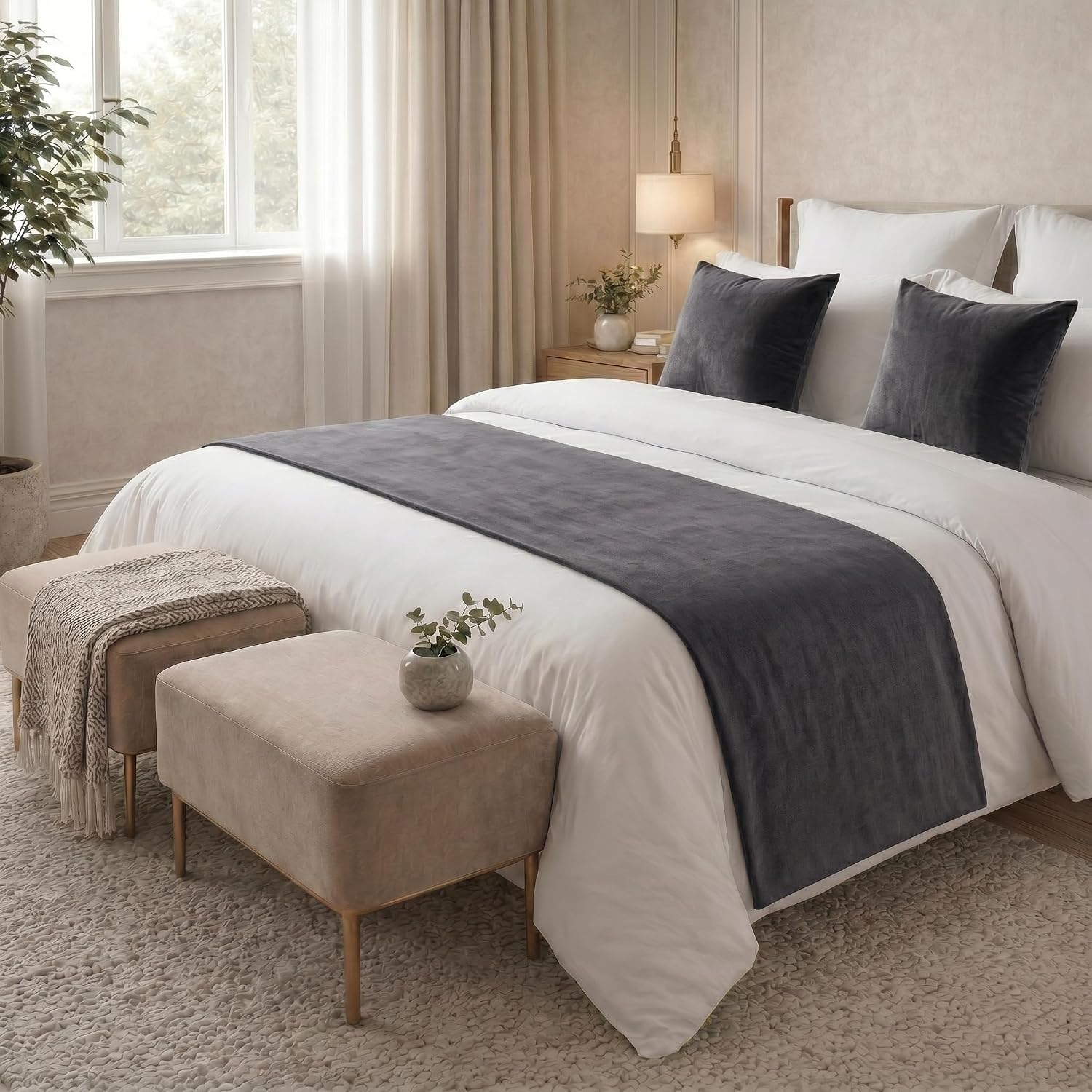 Solid Bed Runner with 2 Matching Pillow Covers,Decorative Bed Scarf for Foot of Bed,Bedroom Hotel Bedding Set,Charcoal Gray,Queen