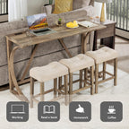 Holaki Bar Table and Chairs Set,4 Piece Console Table with Power Outlet, Counter Height Bar Table Set with 3 Padded Chairs, Industrial Breakfast Table Set for Living Room Dining Room(Yellow+Brown)