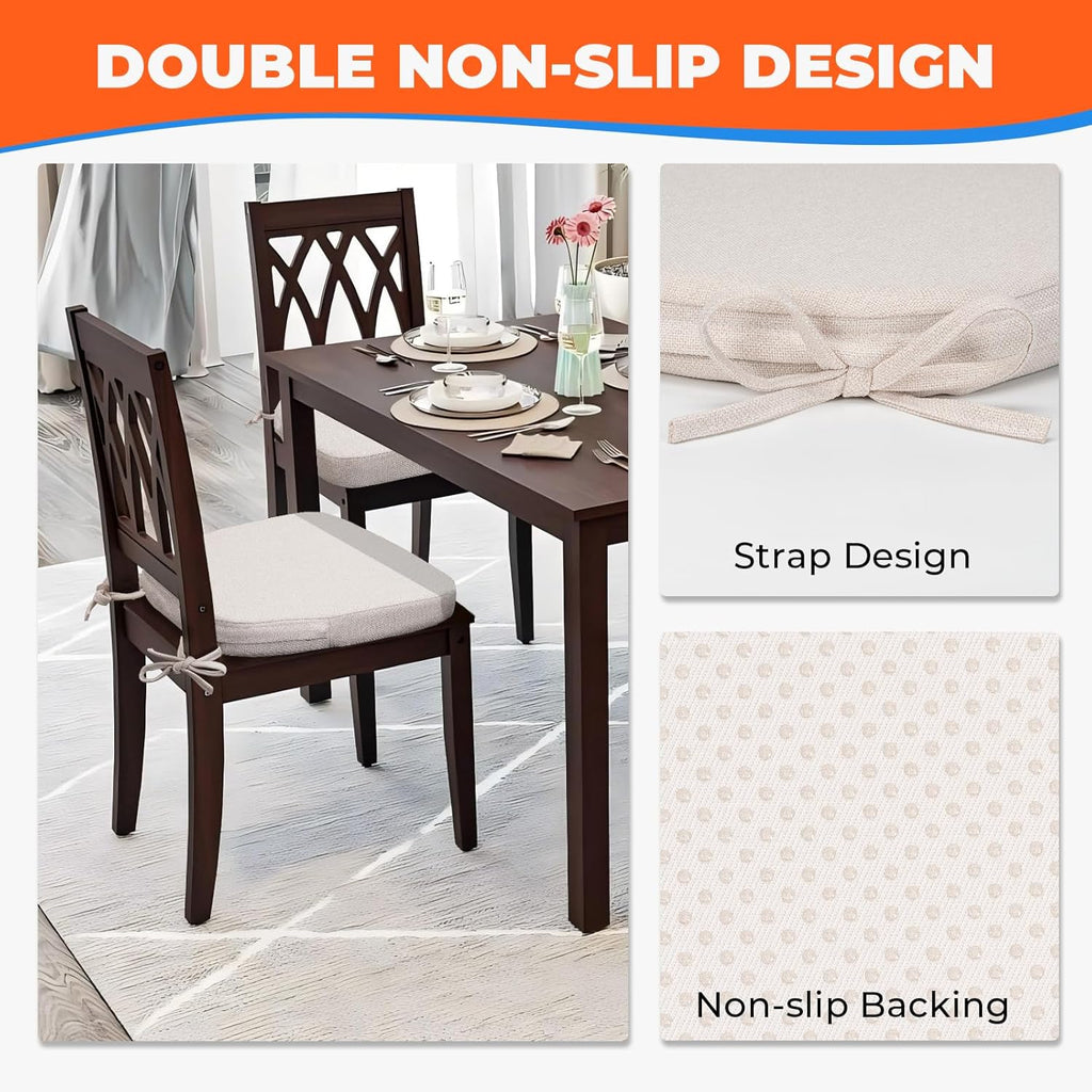 Sunsleek Chair Cushions for Dining Chairs, D-Shaped Seat Cushions with Removable Washable Cover and Ties, Chair Pads for Kitchen, Indoor Dining Room, Patio Chairs, 17'' x 16'', Set of 4, Beige