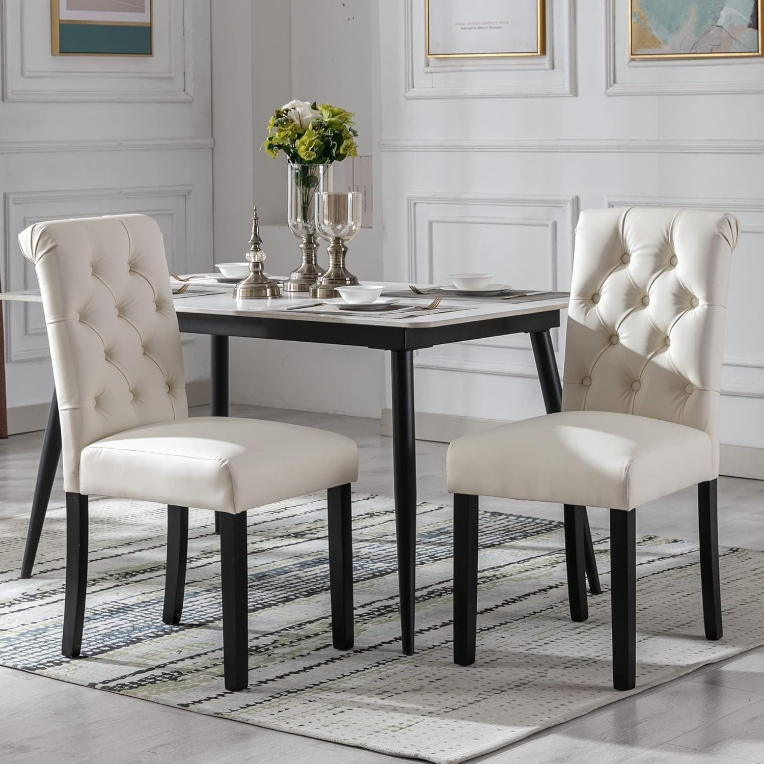 chairus Dining Chairs Set of 2 Mid Century Modern Living Room Chairs with Button Tufted High Back PU Leather Armless Chair Comfy Upholstered Side Chairs for Kitchen/Restaurant/Bedroom, Cream White