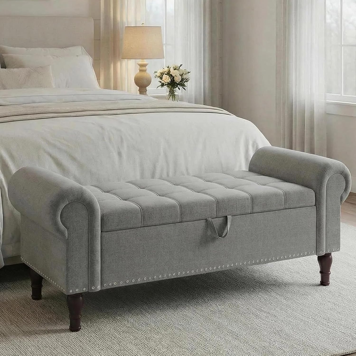 YOUDENOVA Ottoman with Storage, 51" End of Bed Bench with Rolled Arms, Upholstered Storage Bench with Vintage Rivets for Bedroom, Living Room, Entryway, Light Gray