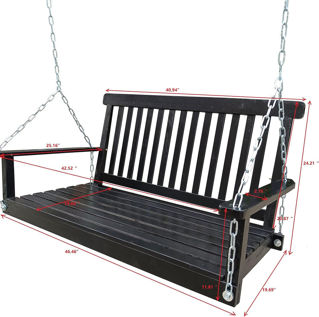 Front Porch Swing with Armrests, Wood Bench Swing with Hanging,for Outdoor Patio,Garden Yard, Porch, Backyard, or sunroom,Easy to Assemble (Black)