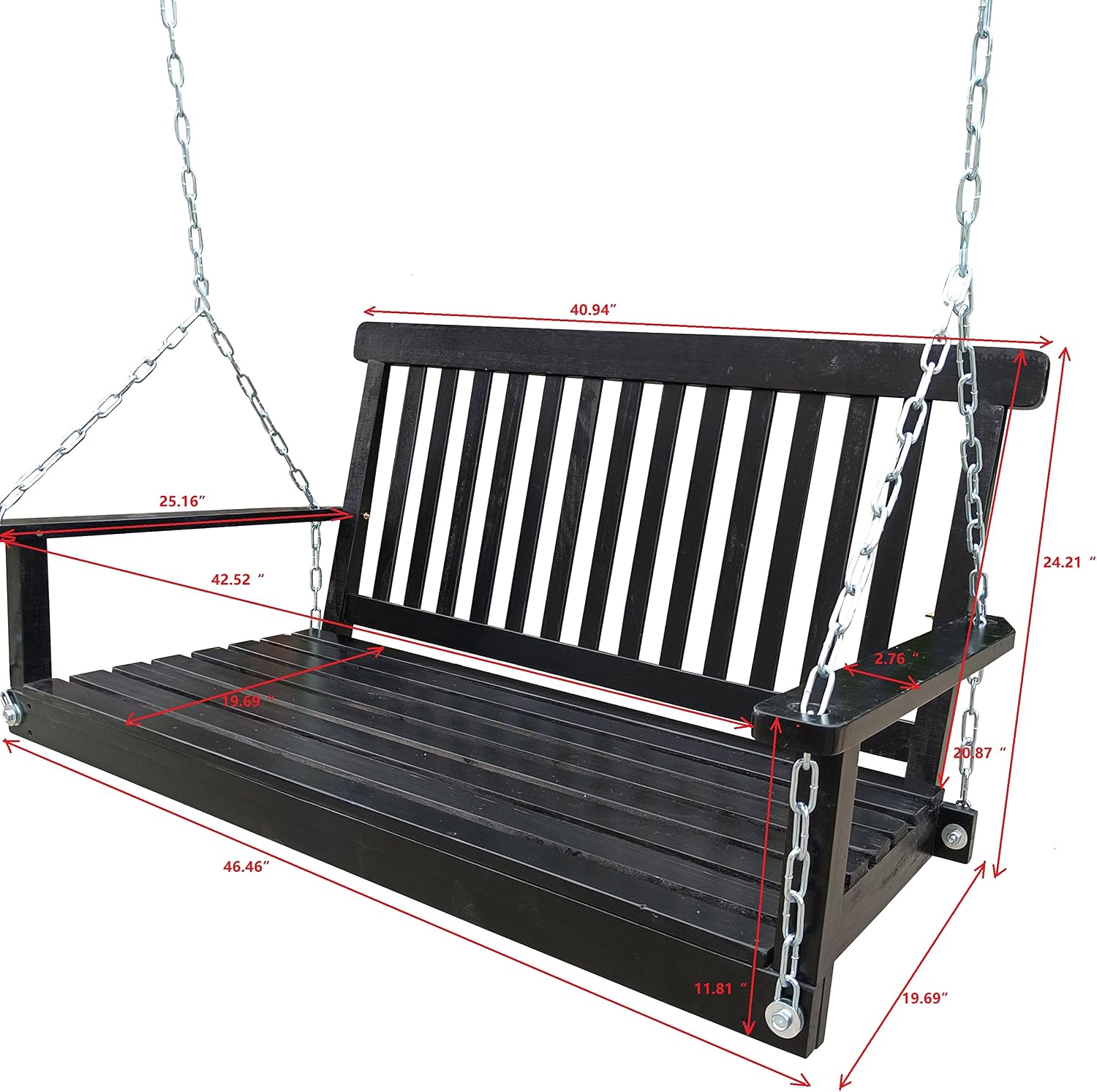 Front Porch Swing with Armrests, Wood Bench Swing with Hanging,for Outdoor Patio,Garden Yard, Porch, Backyard, or sunroom,Easy to Assemble (Black)
