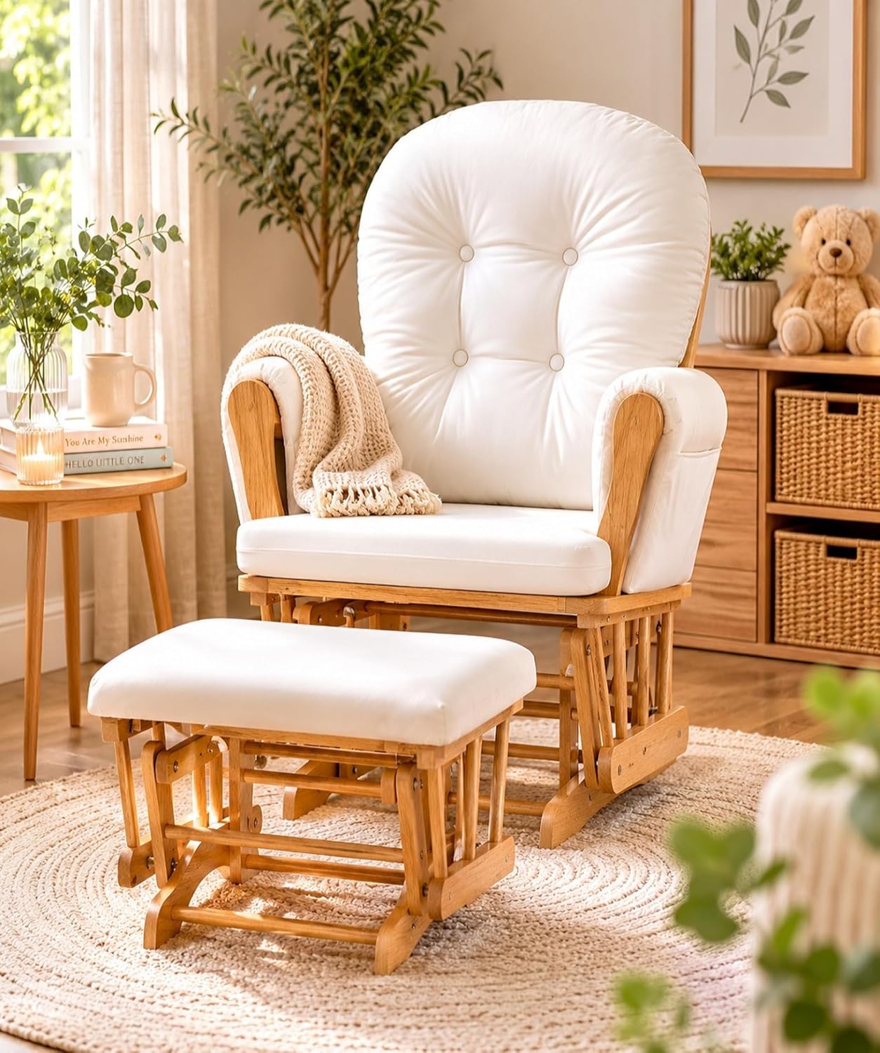 Suite Bebe Mason Glider & Ottoman, Poetic Natural Wood Finish and Beige Fabric