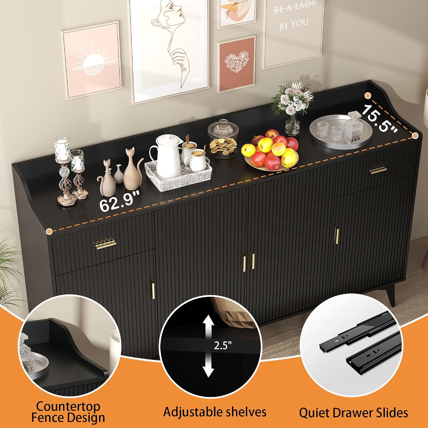 Sideboard Buffet Cabinet with Drawers: 63" Black Fluted Sideboard Cabinet with Storage, Modern Kitchen Cabinets Storage, Credenzas for Living Room(63")