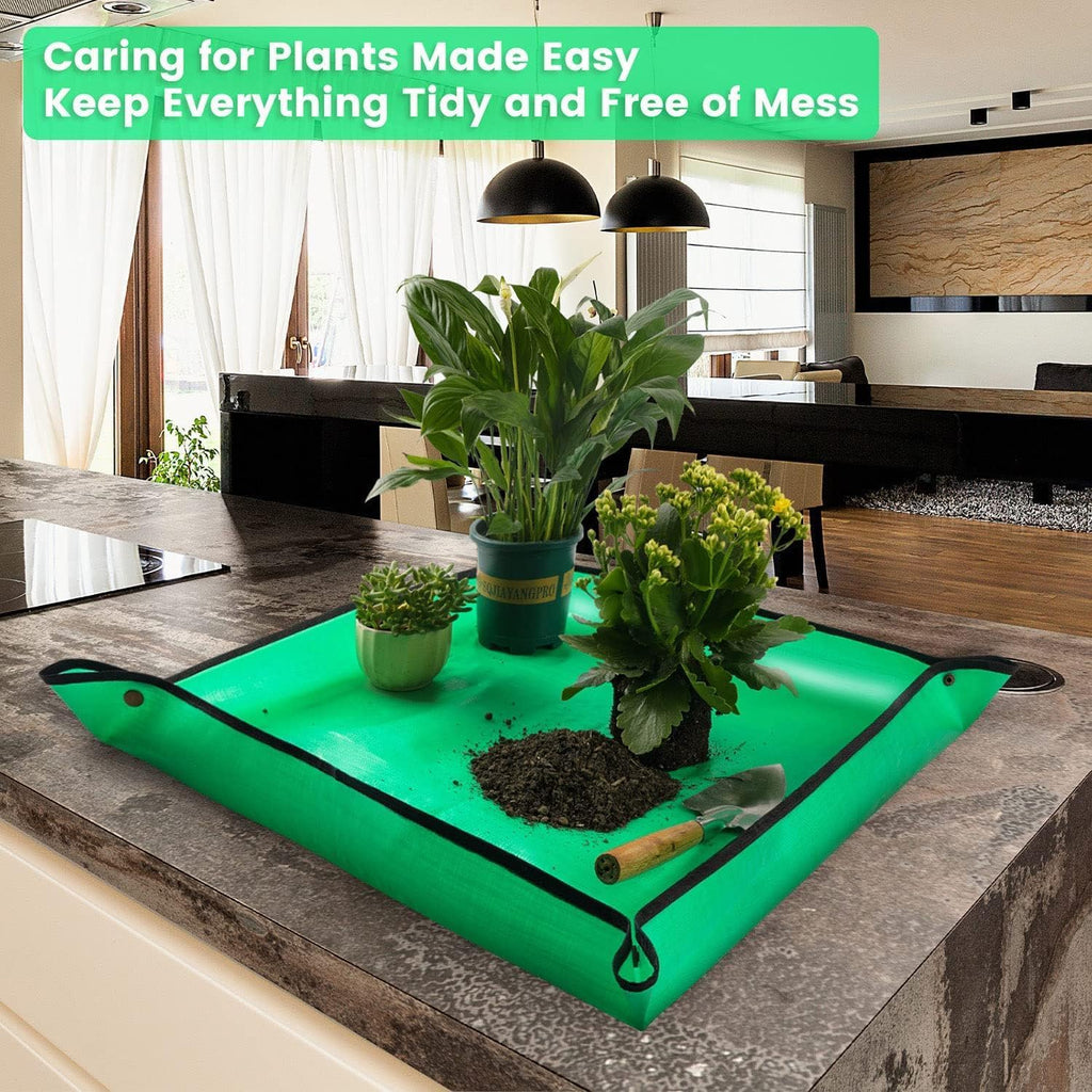 Repotting Mat for Indoor Plants, Green, Thickened PE, 26.8x26.8 Inch, Waterproof Portable Potting Tray for Transplanting and Dirt Control