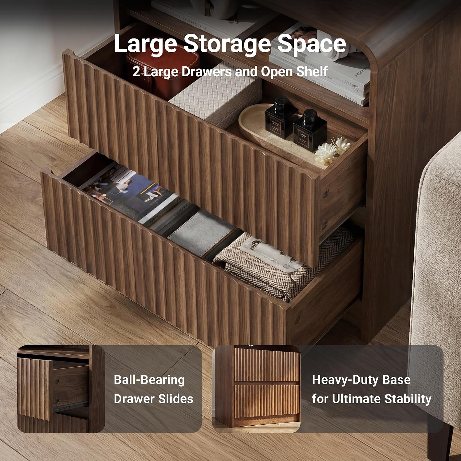Seang Nightstand Set of 2,Fluted Nightstand with Charging Station & LED Light,Wooden Bedside Table with Curved Profile Design,2 Drawers Storage,Large End Table for Bedroom,Walnut