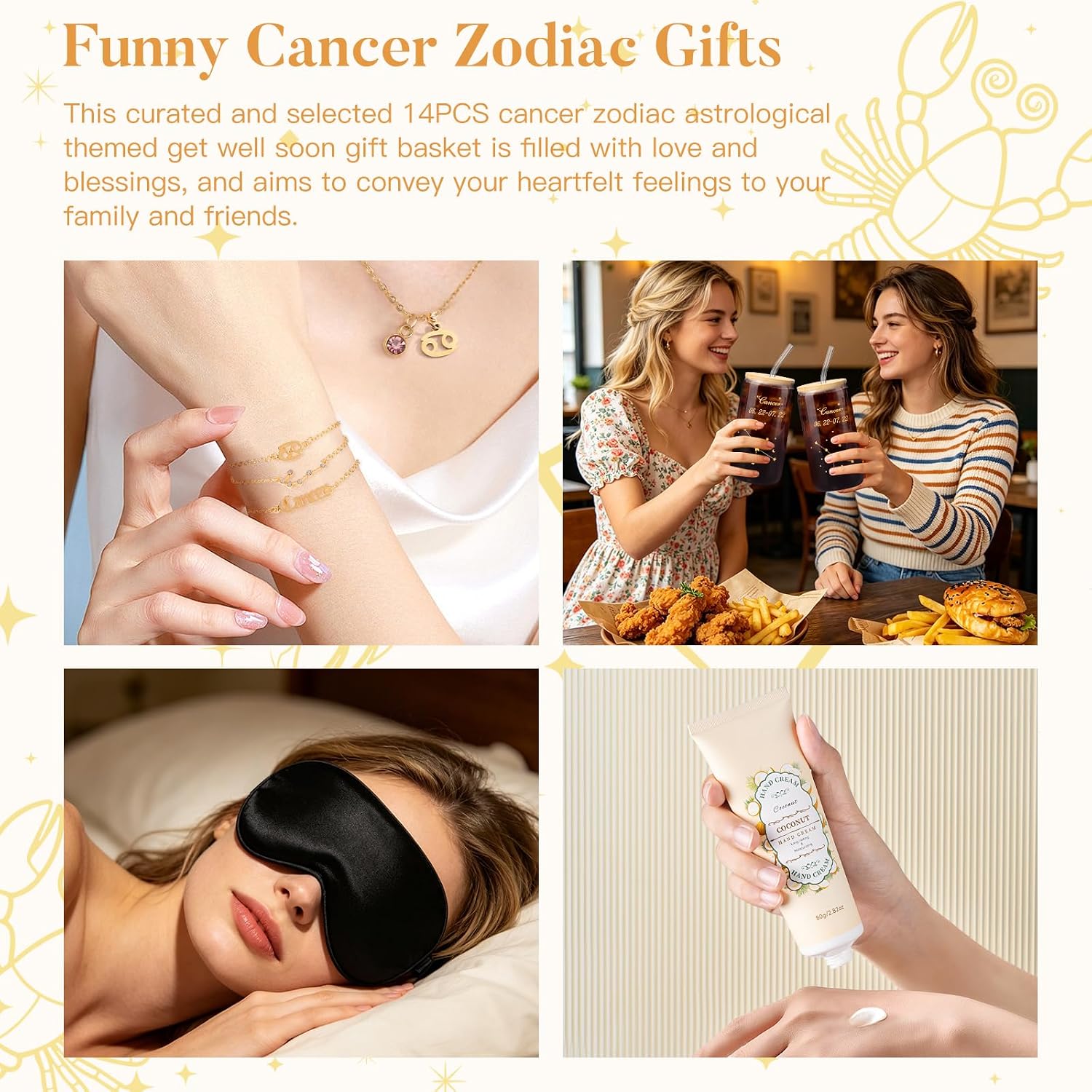 14PCS Cancer Birthday Gifts for Women, Cancer Zodiac Gifts for Women Baskets, Get Well Gifts for Best Friend Sister, Can Astrological 16 oz Glass Cups Candle with Zodiac Gift Set Box