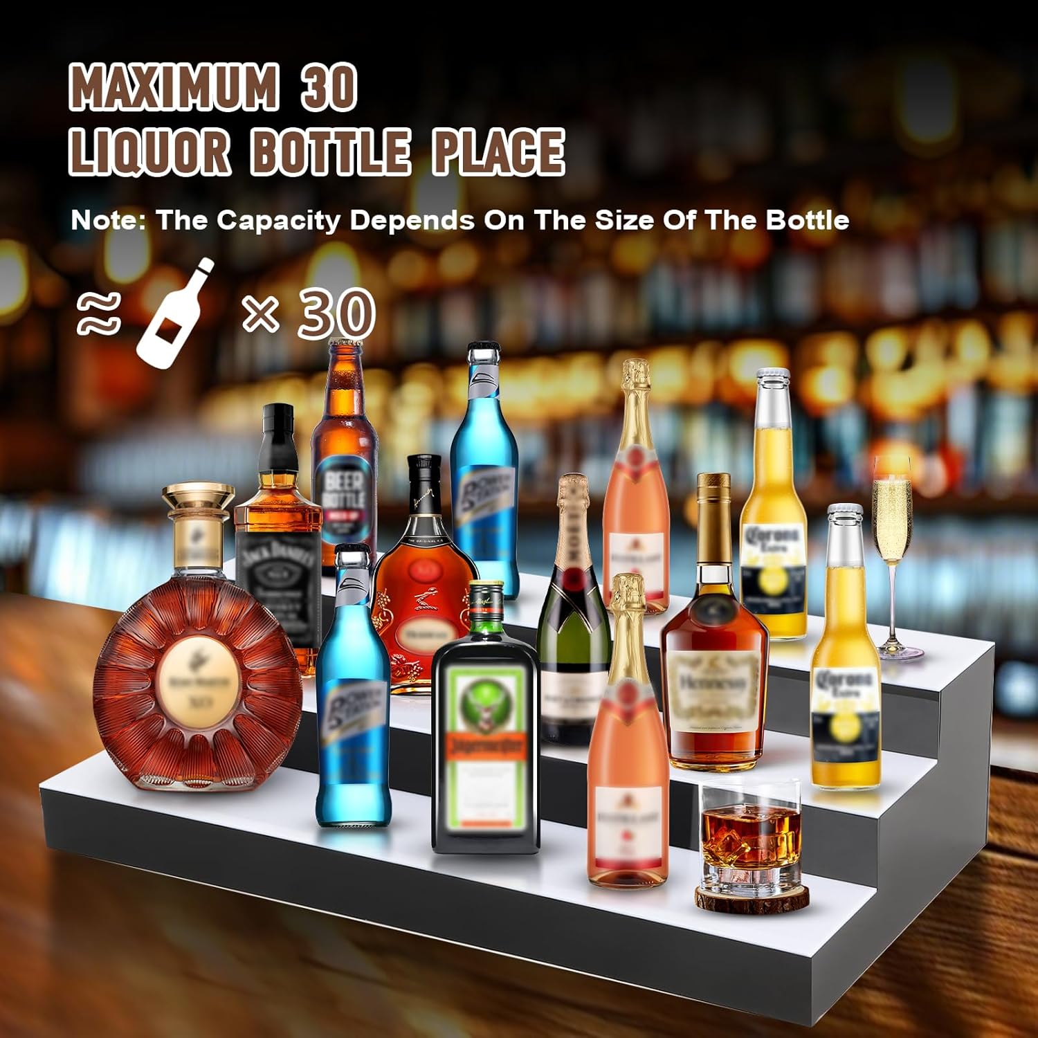 FAHKNS Lighted Liquor Bottle Display, 3 Tiers 40 Inch Acrylic LED Bar Shelf with App Control, Commercial Grade Large Illuminated Liquor Bottle Stand for Home Bar, Club, KTV, Hotel Decoration