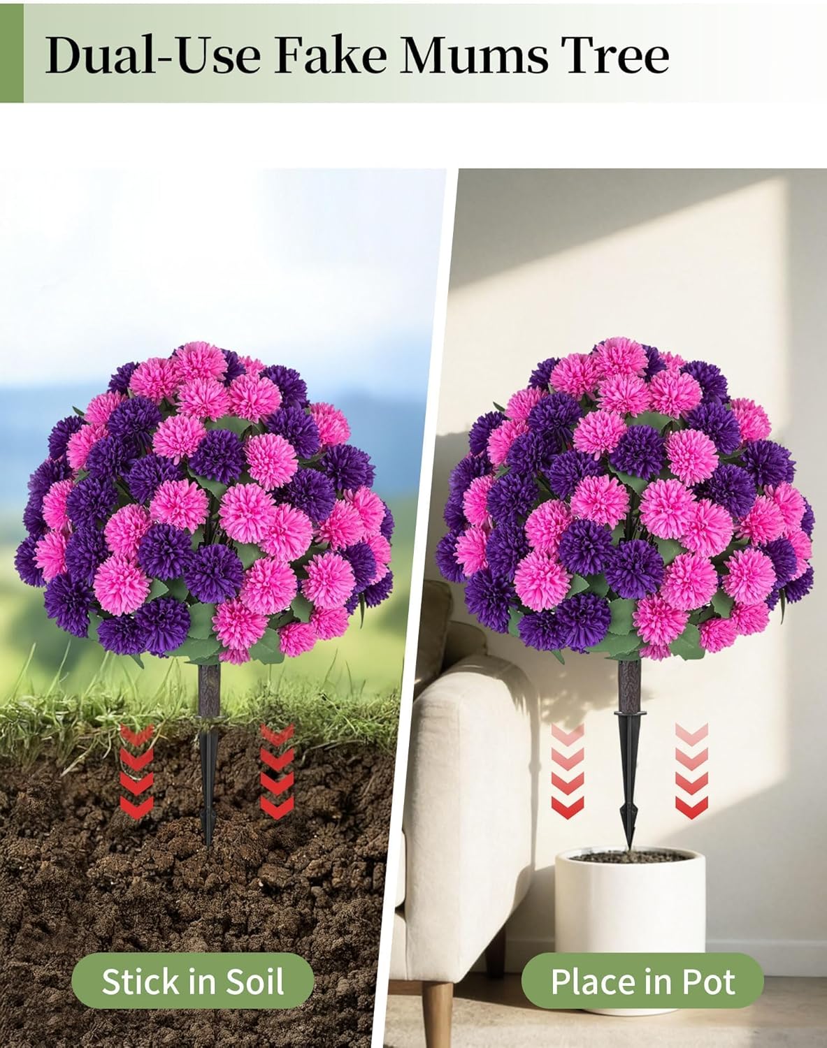 Fake Outdoor Flowers with Stakes - Set of 2 Pink Purple 33" H X 19.7" W Artificial Mums Topiary Flower Balls for Front Porch Planters Decor - Faux Silk Floral Bushes Plants for Outside Patio Yard