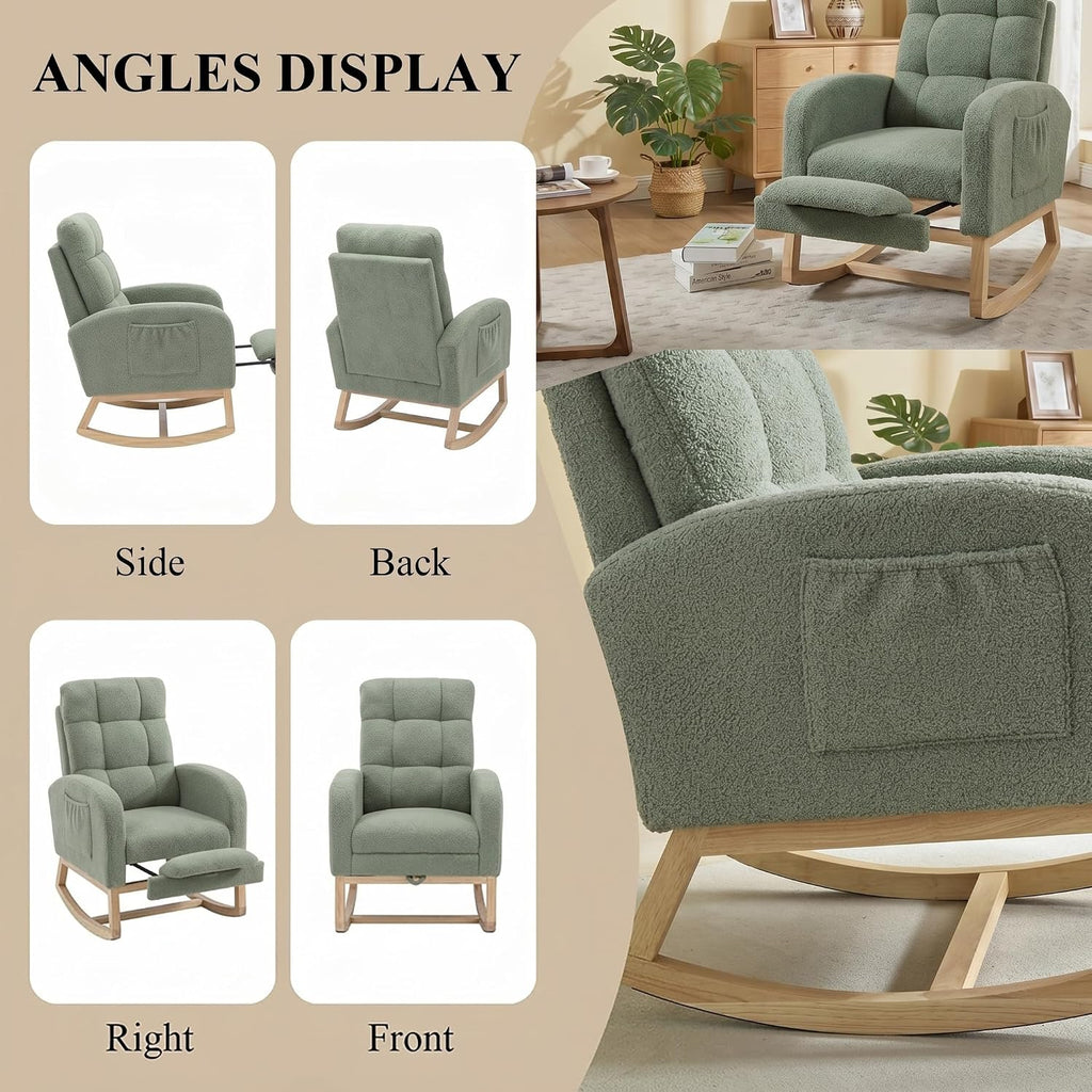 Nursery Rocking Chair, Polyester Upholstered Glider Chair with Footrest, Comfy Rocker Chair, Accent Chair with High Backrest, Glider Rocker, Armchair for Living Room (Green Teddy)
