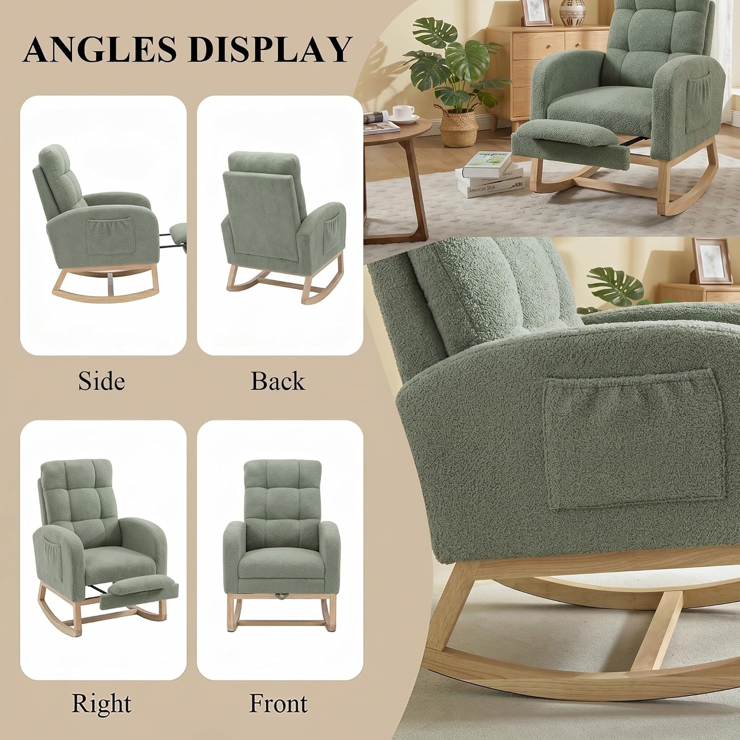 Nursery Rocking Chair, Polyester Upholstered Glider Chair with Footrest, Comfy Rocker Chair, Accent Chair with High Backrest, Glider Rocker, Armchair for Living Room (Green Teddy)