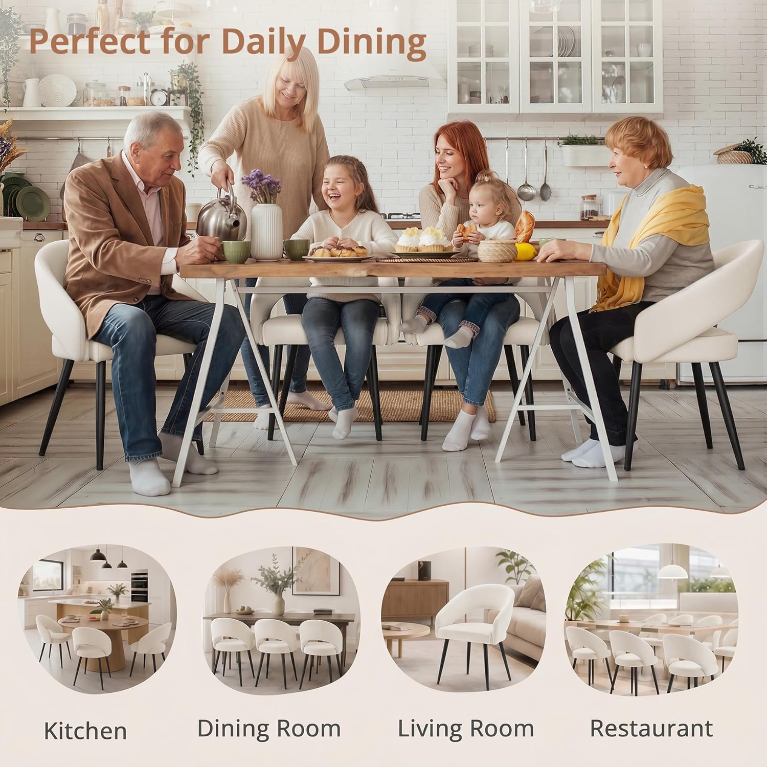 LUE BONA Modern Dining Chairs Set of 4, Upholstered Armrest Side Chairs for Kitchen & Dining Room, 18.5" Seat Height, Comfortable Curved Hollow Backrest, Black Metal Legs, Easy Assembly, Beige