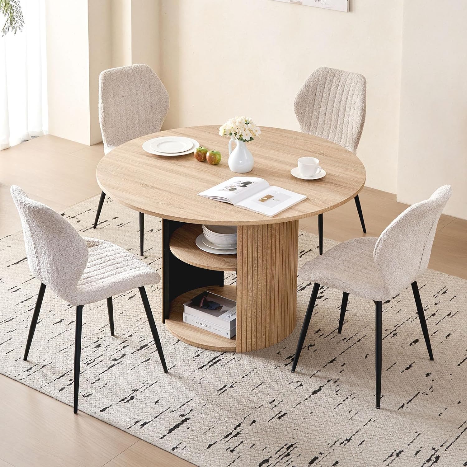 47" Round Dining Table Set for 4 Modern Storage Kitchen Table with 4 Boucle Upholstered Chairs for Dining Living Room Home Small Space(Natural Table with Beige Chairs)