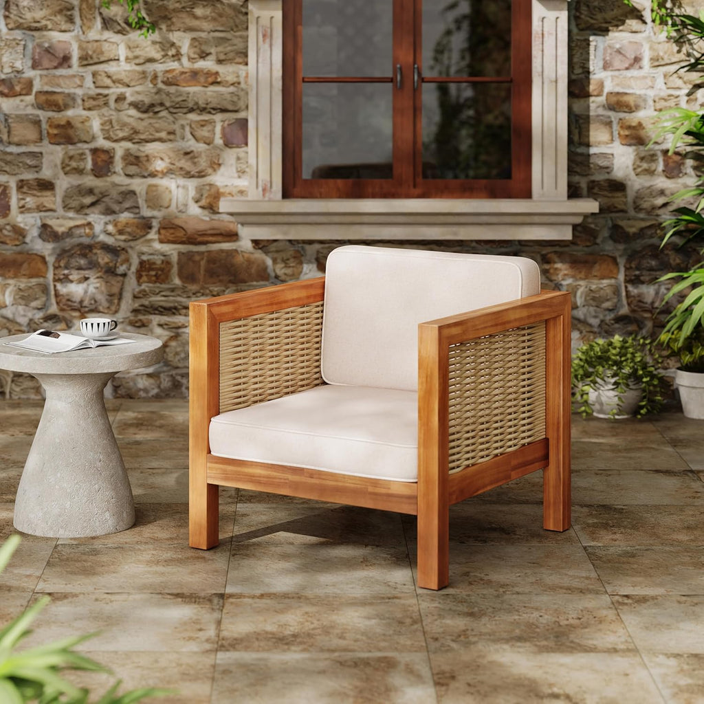 Outdoor Club Chair Set of 2 — Acacia Wood Frame, Wicker Armrests & Beige Cushions, 400 lbs Capacity, for Patio Garden Backyard