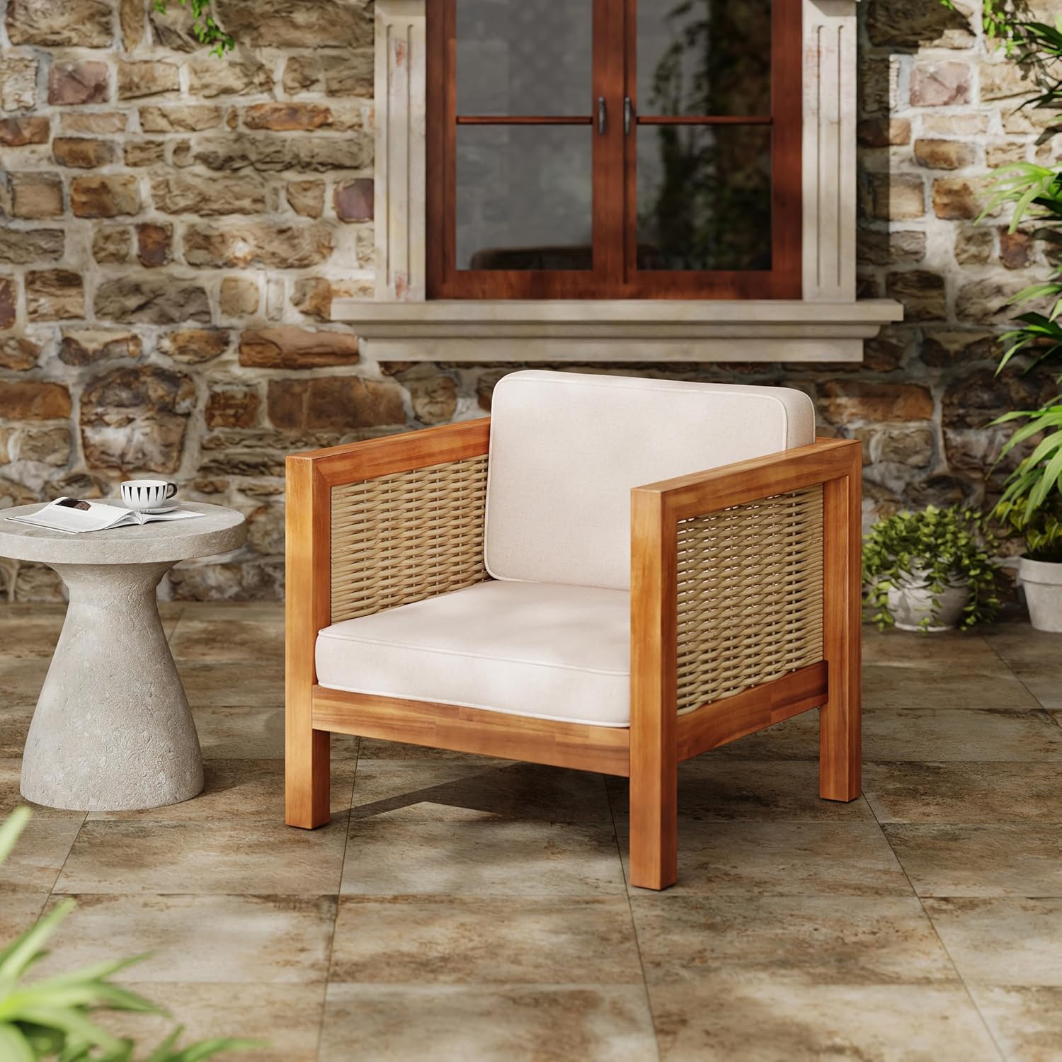 Outdoor Club Chair Set of 2 — Acacia Wood Frame, Wicker Armrests & Beige Cushions, 400 lbs Capacity, for Patio Garden Backyard