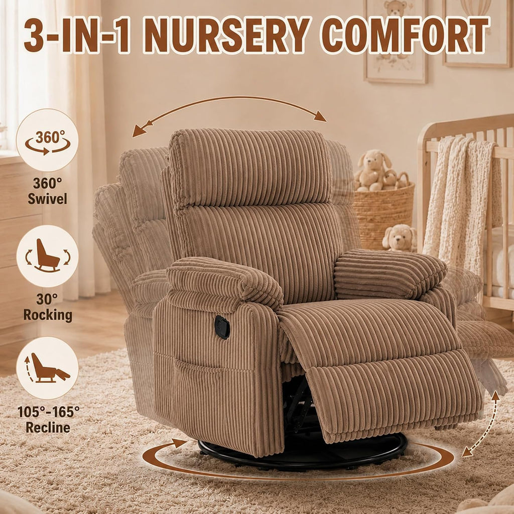 Super Soft Brown Rocking Chair Nursery Recliners, Small Recliner Rocking Chair for Small Spaces, Manual Swivel Glider Recliner for Living Room Bedroom Office, Corduroy, Adjustable Backrest (Brown, 1)