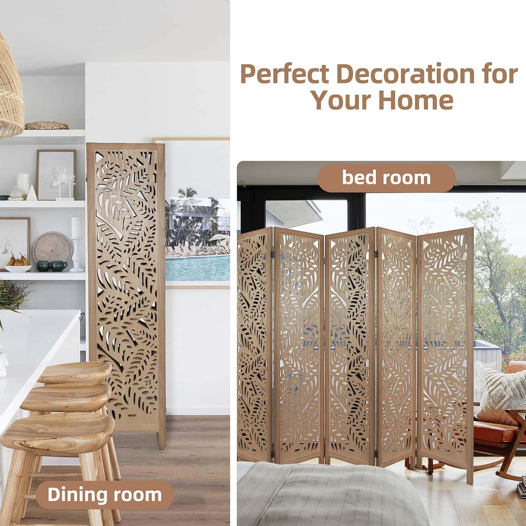 6 Panel Leaf-Carved Room Divider, 67 Inch Bohemian Folding Privacy Screen, Natural Wood Room Divider for Room Separation, Decorative Room Partition for Home, Office, Bedroom