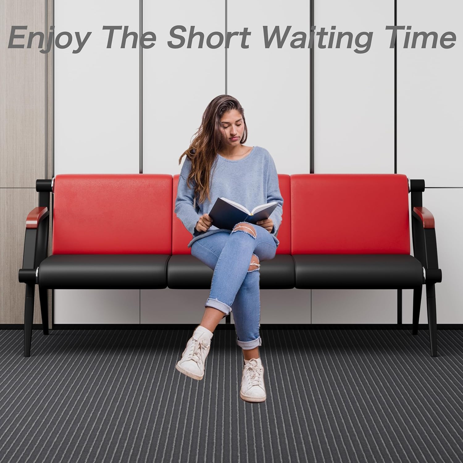 wonline Waiting Room Bench, Office Furniture Reception Chairs with Arms, Leather Chairs is Suitable for Clinic,Airport,Hospital,Barber,Salon,Bank-(Red&Black,3 Seat)