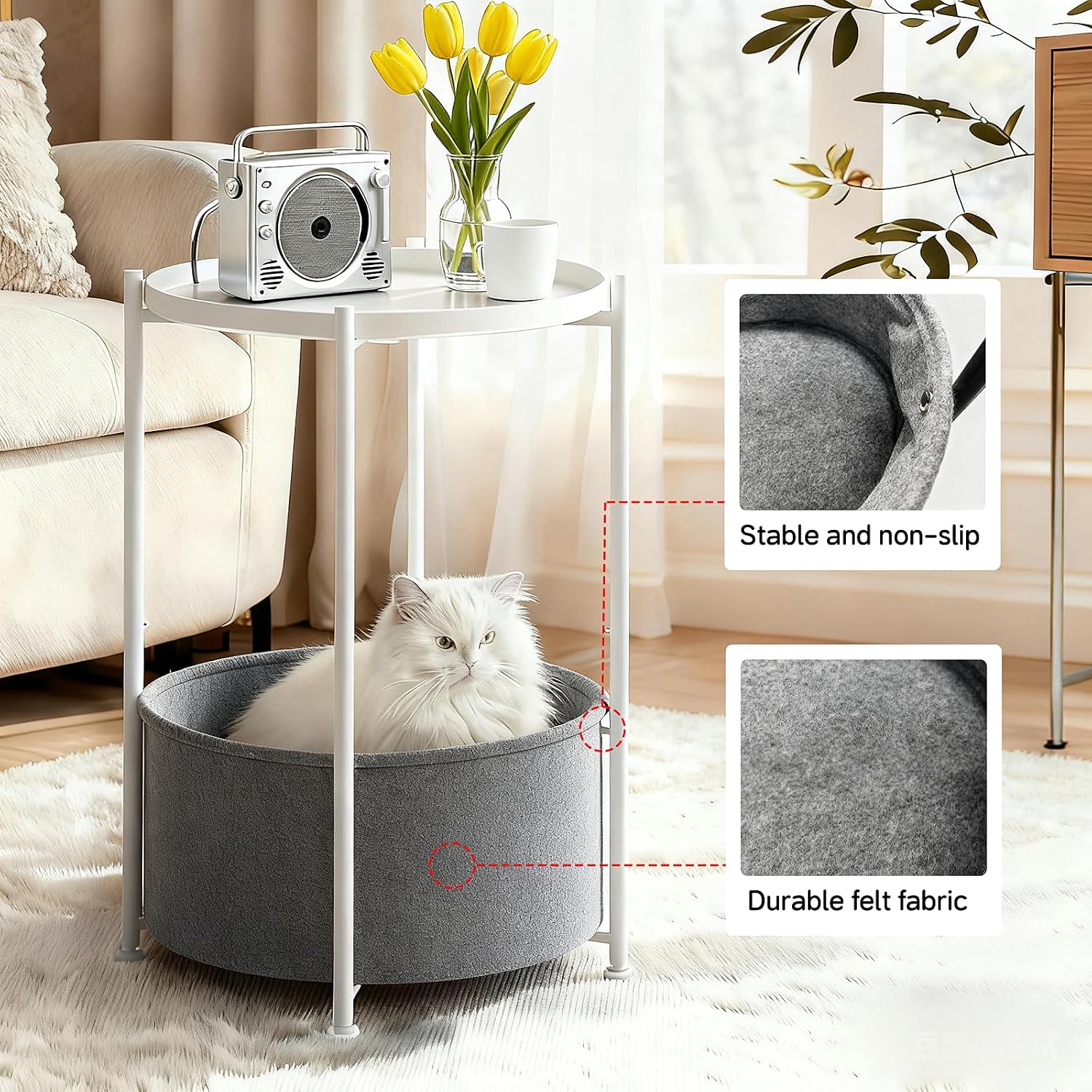 Small Round Side Table with Felt Storage Basket, Metal End Table with Removable Tray and Adjustable Feet, Accent Table for Nursery, Bedroom, Living Room, Laundry Room, White