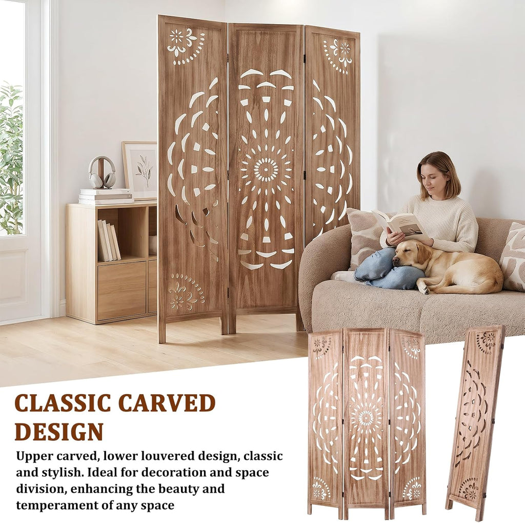 67 inch Wooden Slat Room Dividers Folding, 3 Panel Foldable Boho-Styled Space Wood Wall Divider, Screen Room Divider for Home Office Decor Privacy Separation