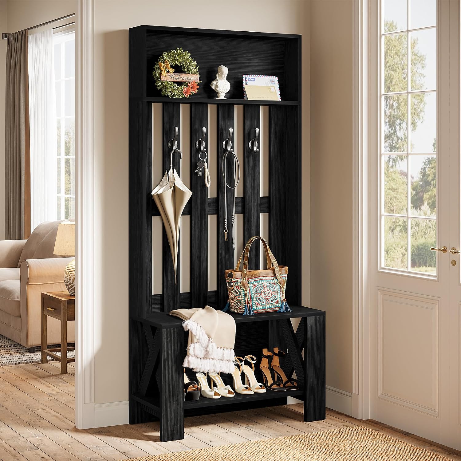 Tribesigns Hall Tree with Bench and Shoe Storage, Modern Entryway Bench with Coat Racks, 70.8" Tall Wooden Hall Tree Organizer with 4 Hooks for Mudroom, Hallway, Bedroom, Space-Saving, Black