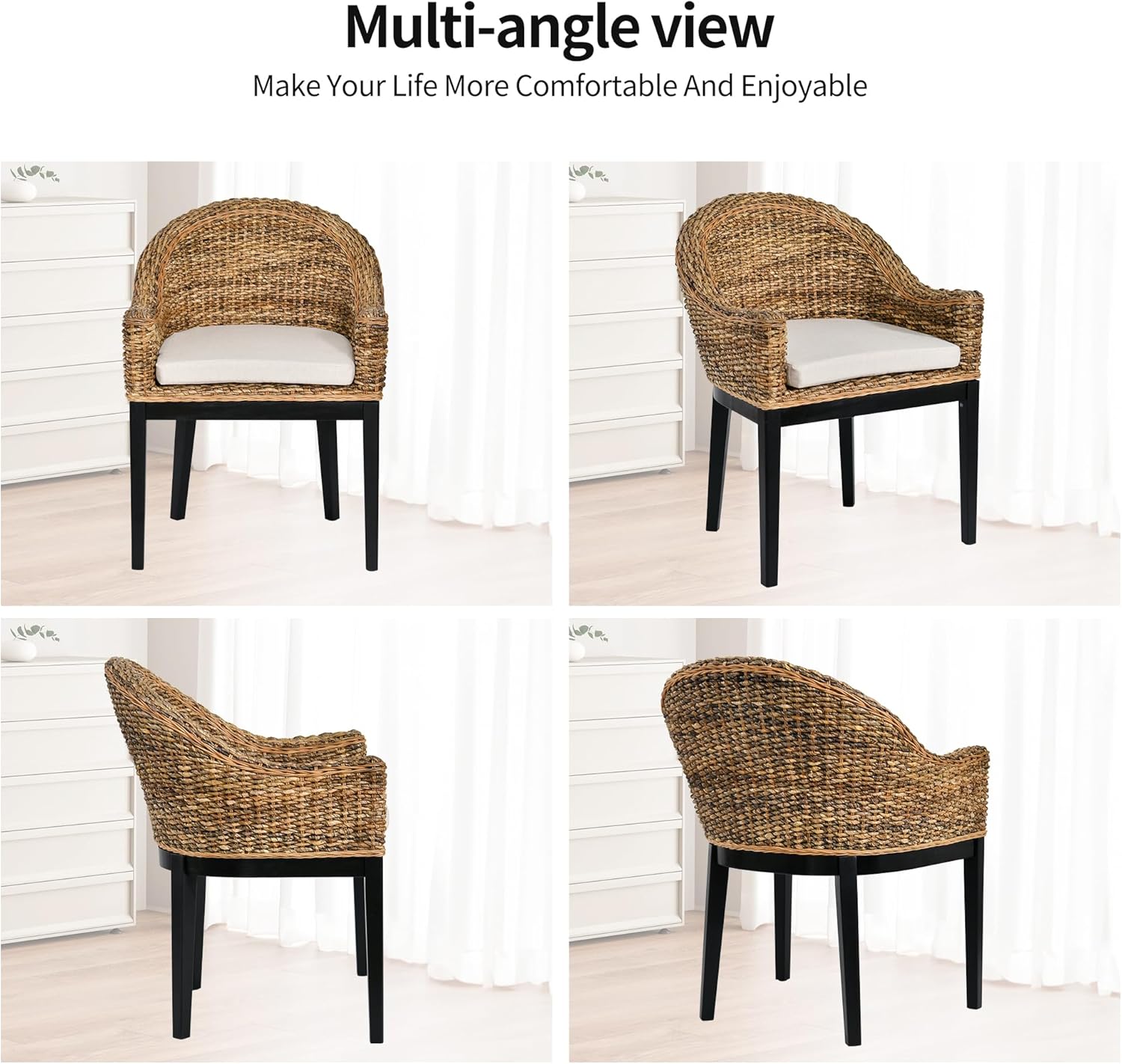 DUHOME Rattan Accent Chair - Modern Armchair with Natural Rattan Armrest, Black Solid Wood Legs & Inset Beige Cushion, Leisure Chair for Balcony Living Room