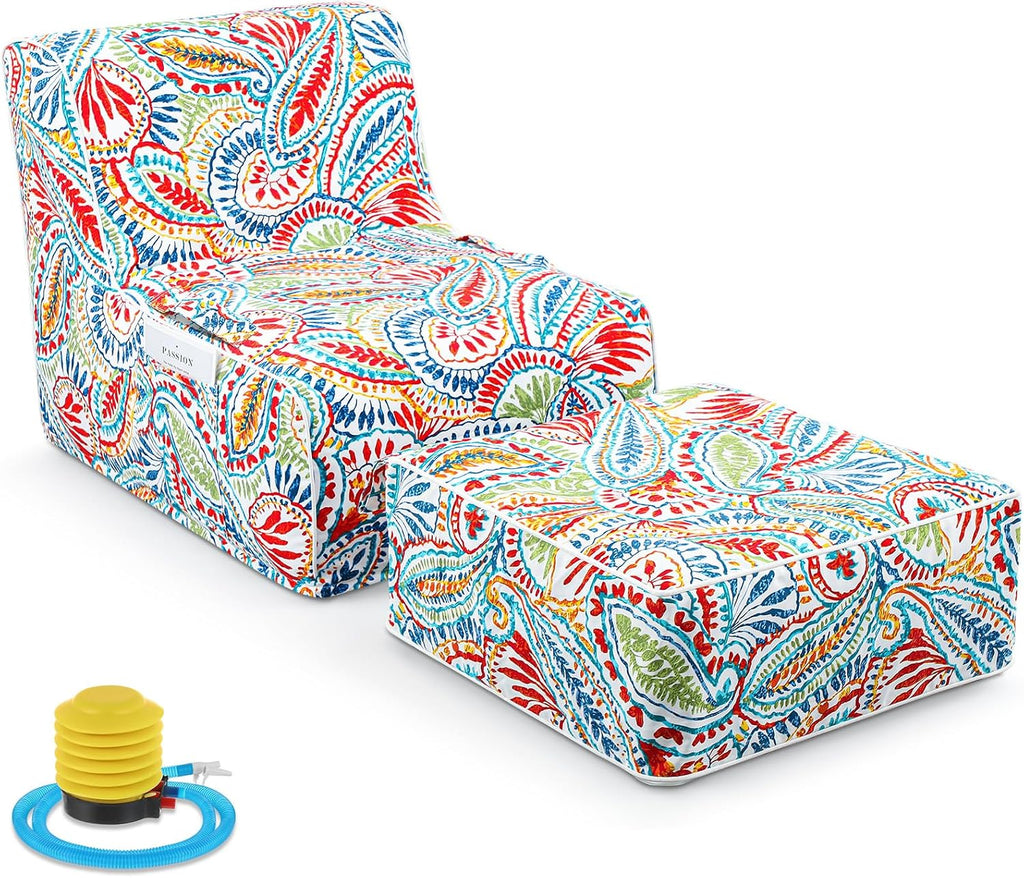 Gemscream Outdoor Inflatable Bean Bag Chair and Ottoman, Portable Inflatable Bean Bag and Ottoman with Handle for Patio Garden Home Boho Decorative Living Room (Paisley Pattern)