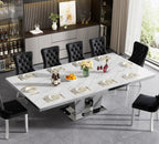 94 inch Extendable Dining Table for 6 8 10, Modern Expandable Kitchen Table with White Faux Marble Top & Silver Mirrored Base, Large Luxury Faux Marble Dining Room Table for Dinner Family Gathering