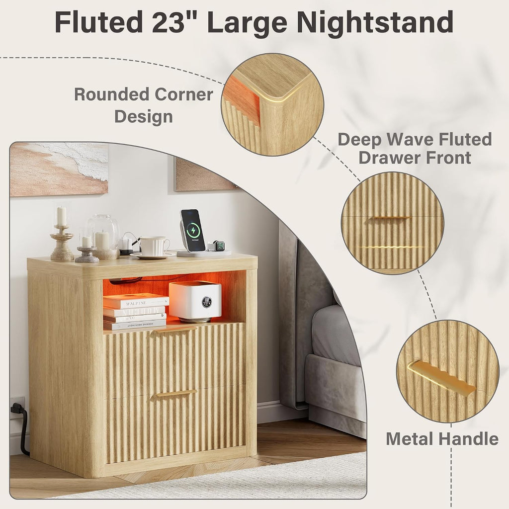 JUMMICO Fluted Nightstand with Charging Station & RGB Lights,Wooden End Table with 2 Deep Drawers & Open Storage Shelf,Thickened Top,Modern Bedside Table for Bedroom,Living Room,Wood