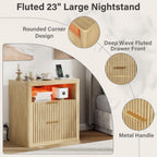 JUMMICO Fluted Nightstand with Charging Station & RGB Lights,Wooden End Table with 2 Deep Drawers & Open Storage Shelf,Thickened Top,Modern Bedside Table for Bedroom,Living Room,Wood