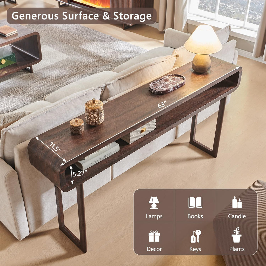 IFGET 63-Inch Long Console Table, 31.5" Tall Modern Entryway Table with Open Storage Shelf, Curved Profile Design, Narrow Wood Sofa Table Behind Couch Tables for Living Room, Hallway, Foyer, Brown