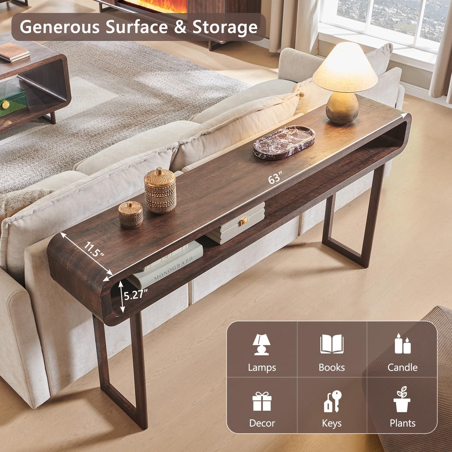IFGET 63-Inch Long Console Table, 31.5" Tall Modern Entryway Table with Open Storage Shelf, Curved Profile Design, Narrow Wood Sofa Table Behind Couch Tables for Living Room, Hallway, Foyer, Brown