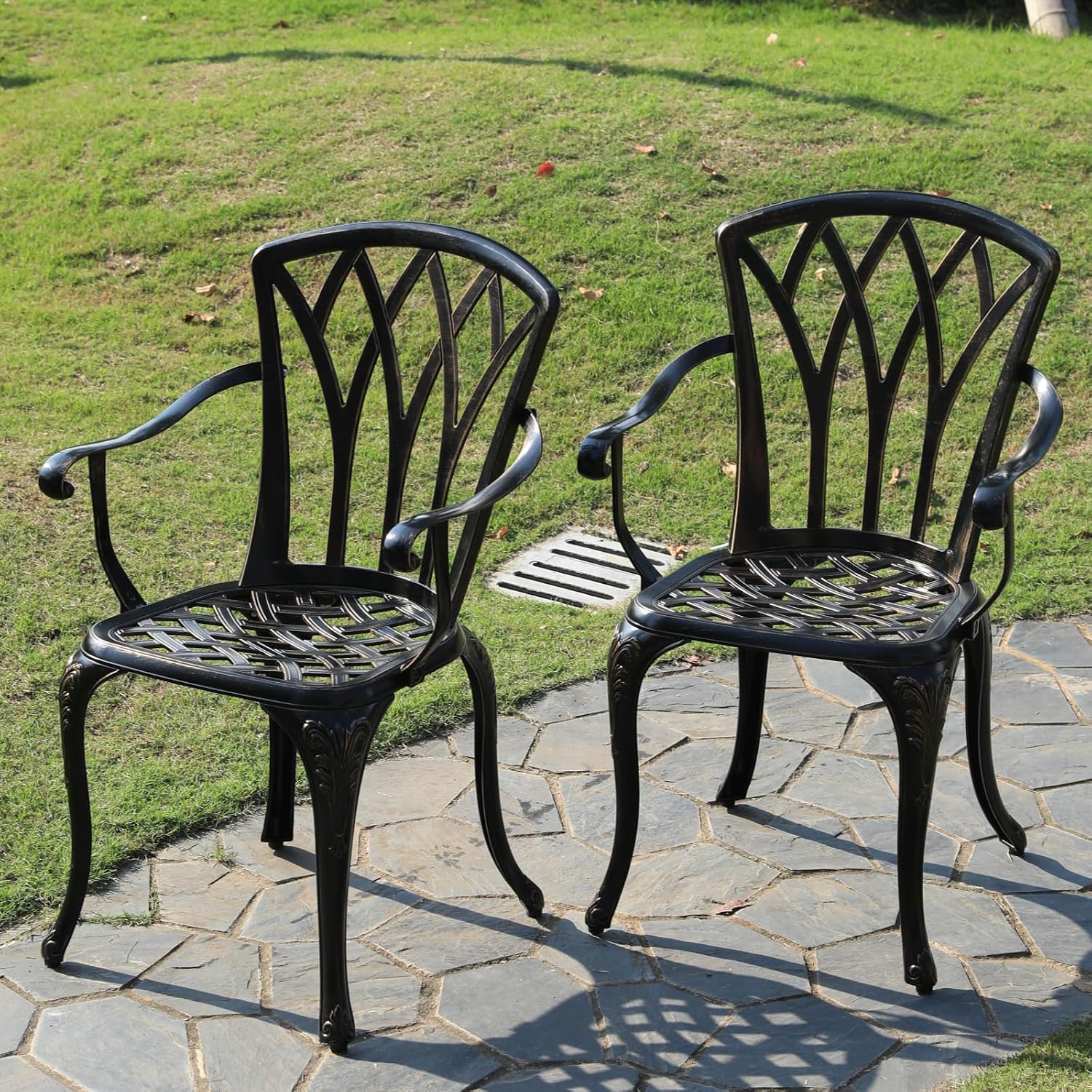 KAILI Rose Garden Cast Aluminum Bistro Chairs, Decorative Outdoor Patio Seating, Set of 2, White and Black (Armrest Chair Bronze)