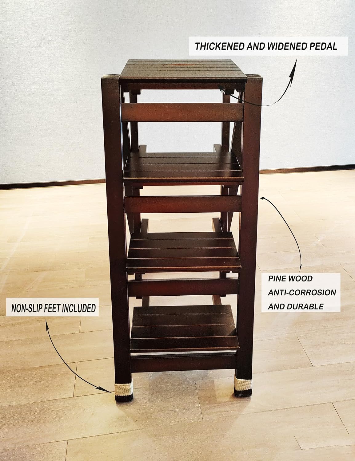 4-Step Folding Ladder Stool - 330 lb Capacity, Solid Pine Wood, Anti-Slip Steps, Space-Saving Foldable Design for Home Kitchen - Lightweight Step Stool for Adults (Walnut Finish)